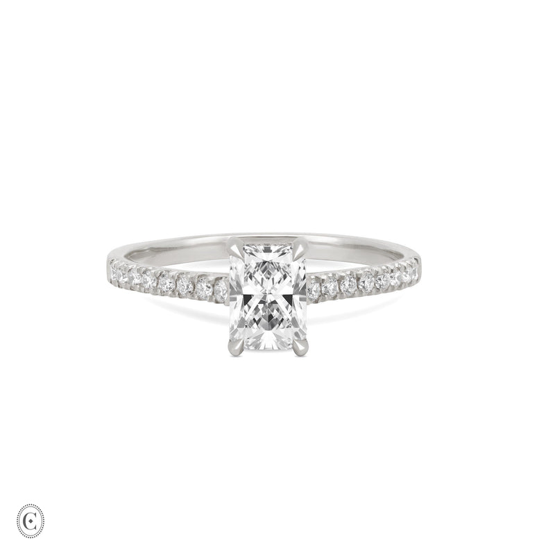 Front view of the Heritage Eternity Radiant Cut 1ct Diamond Engagement Ring in 14k white gold, featuring a radiant-cut diamond with an eternity-set band.