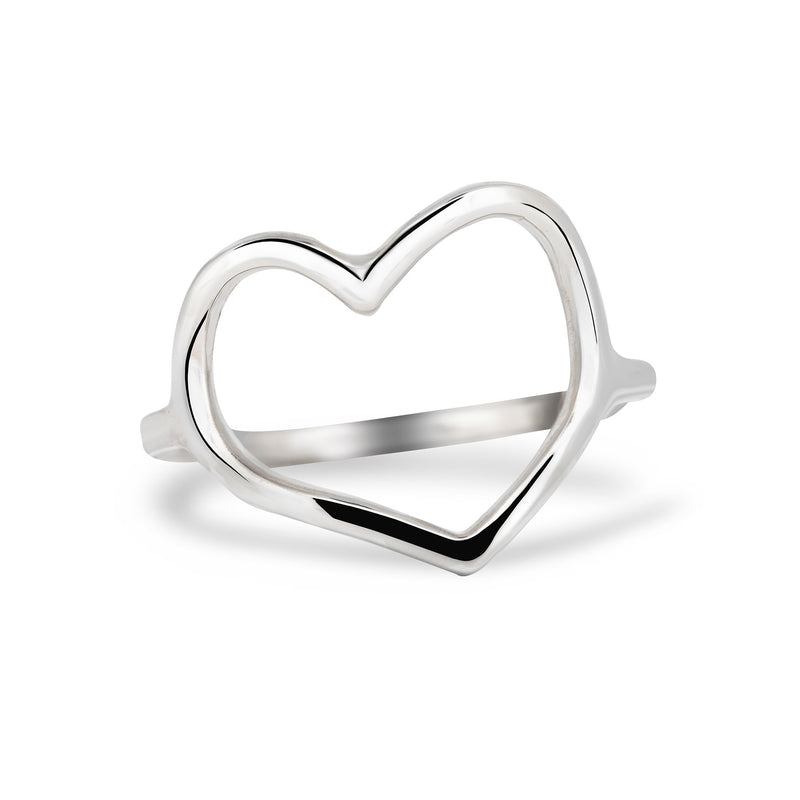 Front view of the Love Heart Ring in sterling silver, featuring a heart-shaped outline on a polished band.