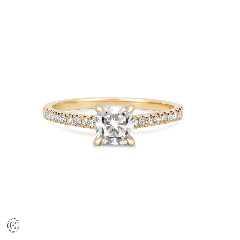Front view of the Love’s Life Eternity 1ct Cushion Cut Diamond Engagement Ring in 14k solid gold, featuring a cushion-cut diamond with an eternity-set band.