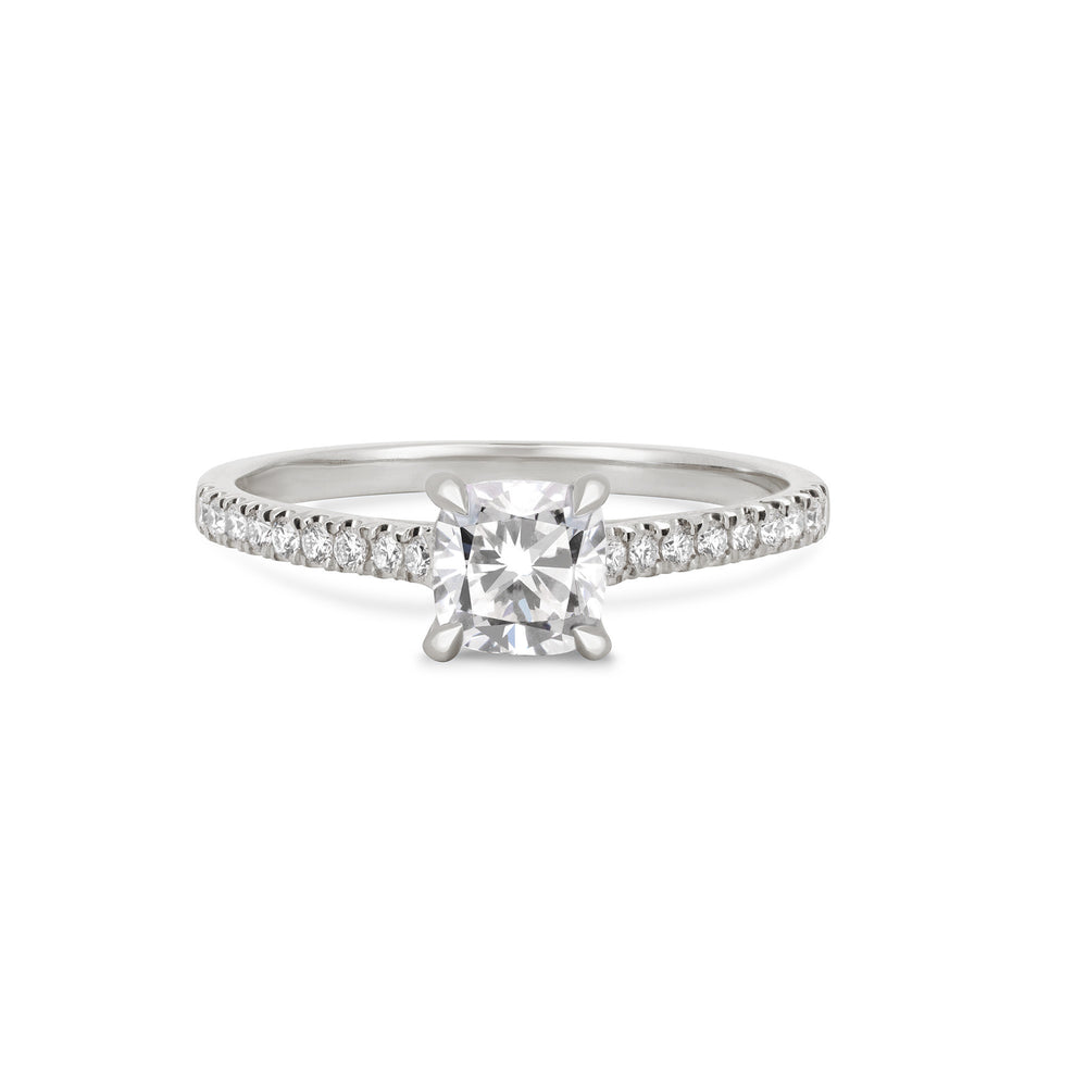 Front view of the Love’s Life Eternity 1ct Cushion Cut Diamond Engagement Ring in 14k white gold, featuring a cushion-cut diamond with an eternity-set band.