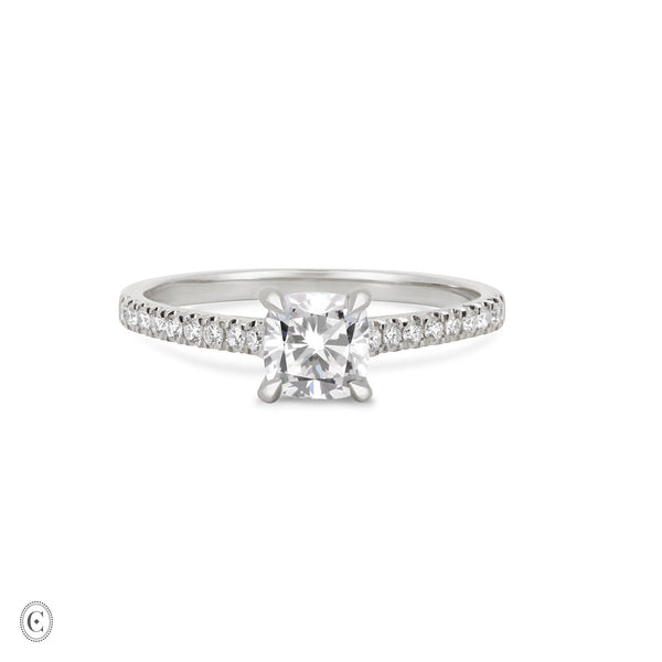 Front view of the Love’s Life Eternity 1ct Cushion Cut Diamond Engagement Ring in 14k white gold, featuring a cushion-cut diamond with an eternity-set band.