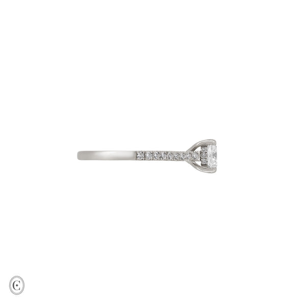 Alternative view of Side profile of the Love’s Life Eternity Cushion Cut Diamond Engagement Ring in 14k white gold, showcasing the eternity-set band and elevated cushion-cut diamond.
