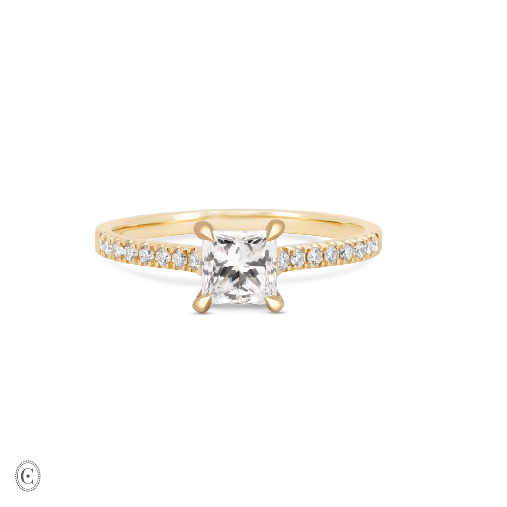 Front view of the Love’s Life Eternity 1ct Princess Cut Diamond Engagement Ring in 14k solid gold, featuring a princess-cut diamond with an eternity-set band.
