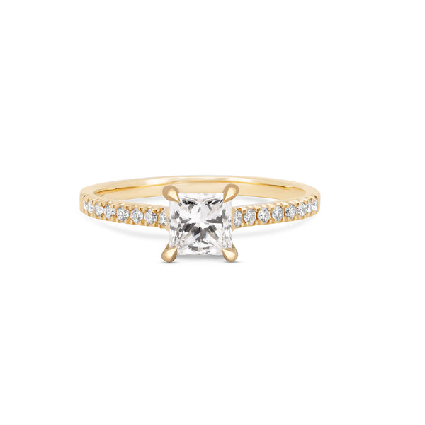 Front view of the Love’s Life Eternity 1ct Princess Cut Diamond Engagement Ring in 14k solid gold, featuring a princess-cut diamond with an eternity-set band.