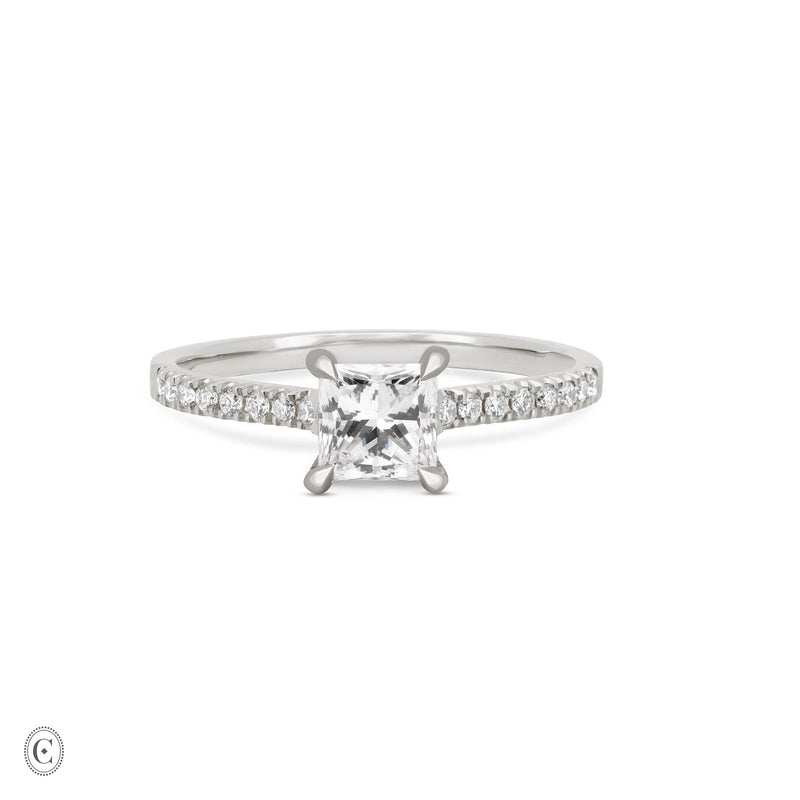 Front view of the Love’s Life Eternity Princess Cut Diamond Engagement Ring in 14k white gold, featuring a princess-cut diamond with an eternity-set band.