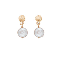 Thumbnail of Front view of the Luna Pearl Drop Earrings in 14k gold, featuring a curved gold detail and a suspended freshwater pearl.