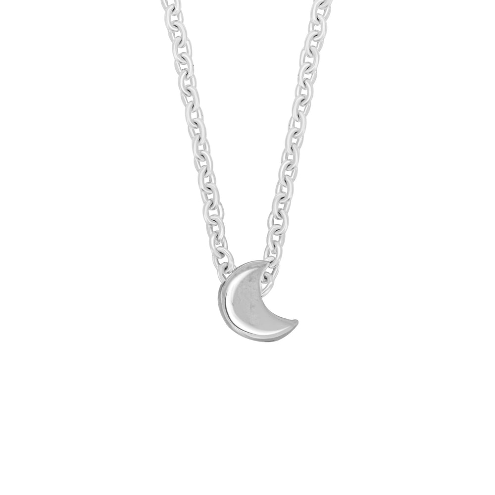 Front view of the Sterling Silver Moon Necklace, featuring a polished crescent moon pendant on a fine chain.