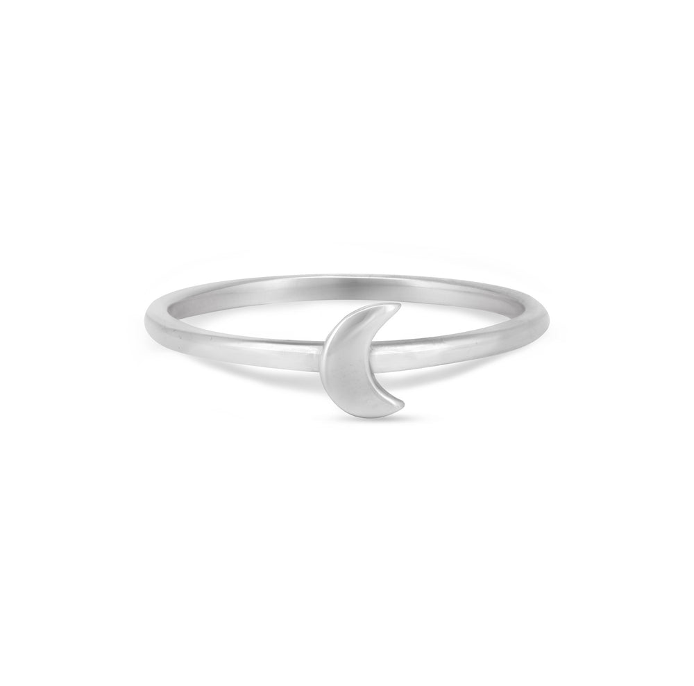 Front view of the Sterling Silver Moon Ring, a delicate polished band with a small moon motif.