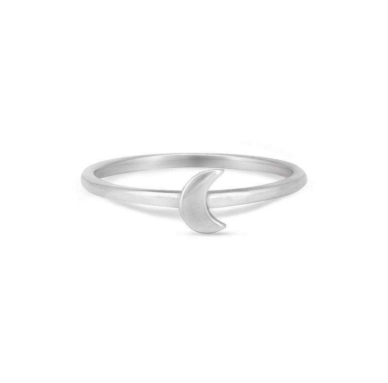 Front view of the Sterling Silver Moon Ring, a delicate polished band with a small moon motif.