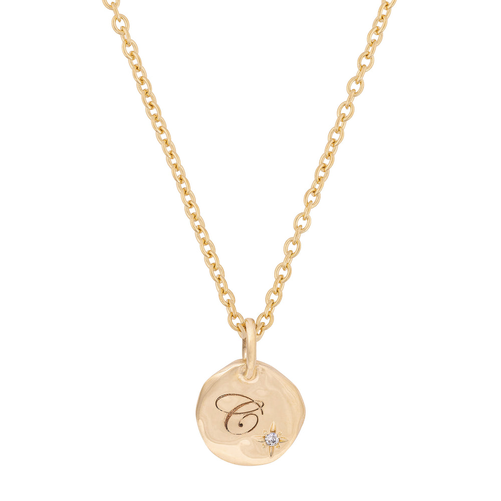 North Star Diamond Engraved Initial Necklace - 14k Gold