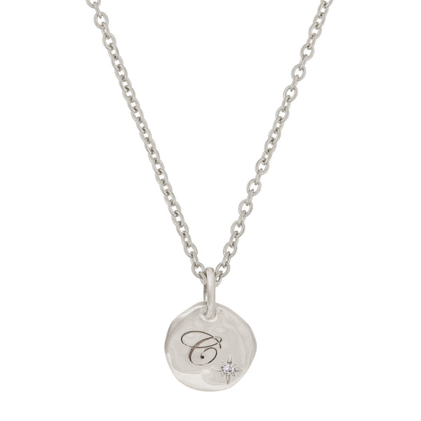 North Star Diamond Engraved Initial Necklace - 14k White Gold