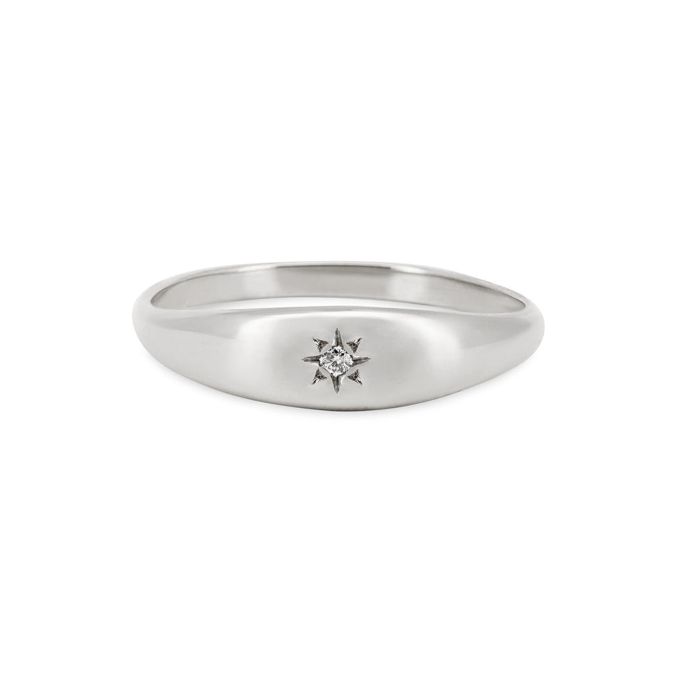 Front view of the North Star Lab Grown Diamond Tiny Signet Ring in 14k white gold, featuring a tiny central diamond on a polished signet face.