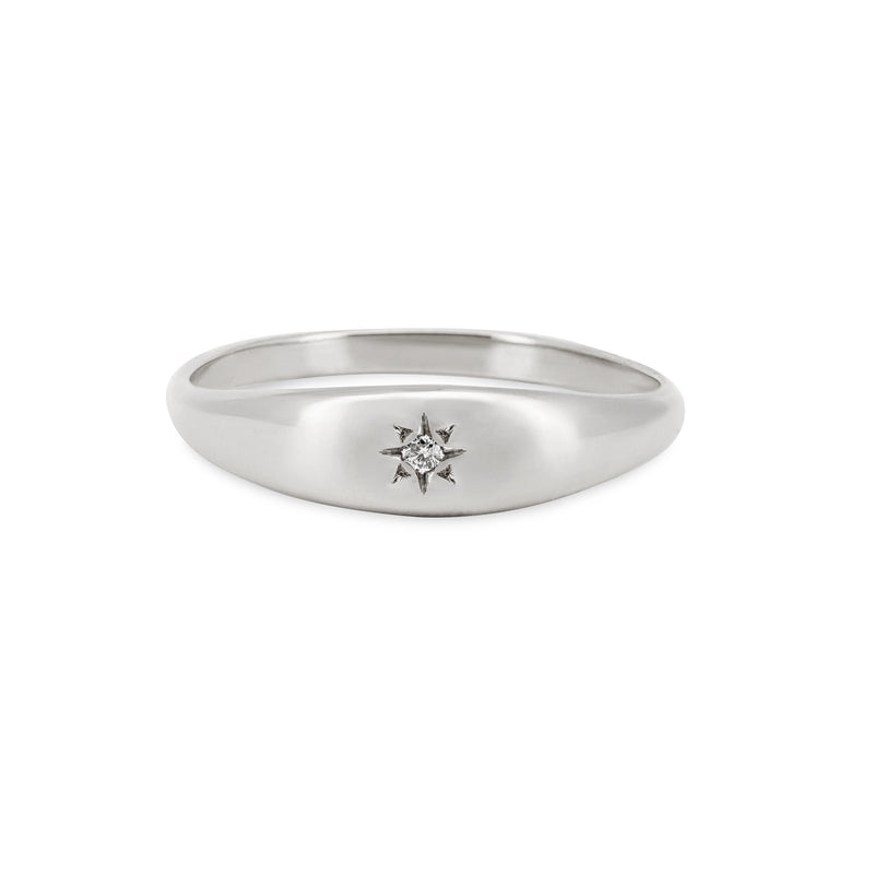 Front view of the North Star Lab Grown Diamond Tiny Signet Ring in 14k white gold, featuring a tiny central diamond on a polished signet face.