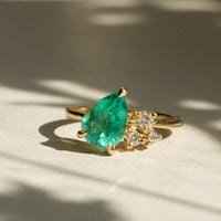 One of A Kind 2ct Emerald Pear with Lab Grown Diamond Cluster - 14k Gold Polished Band