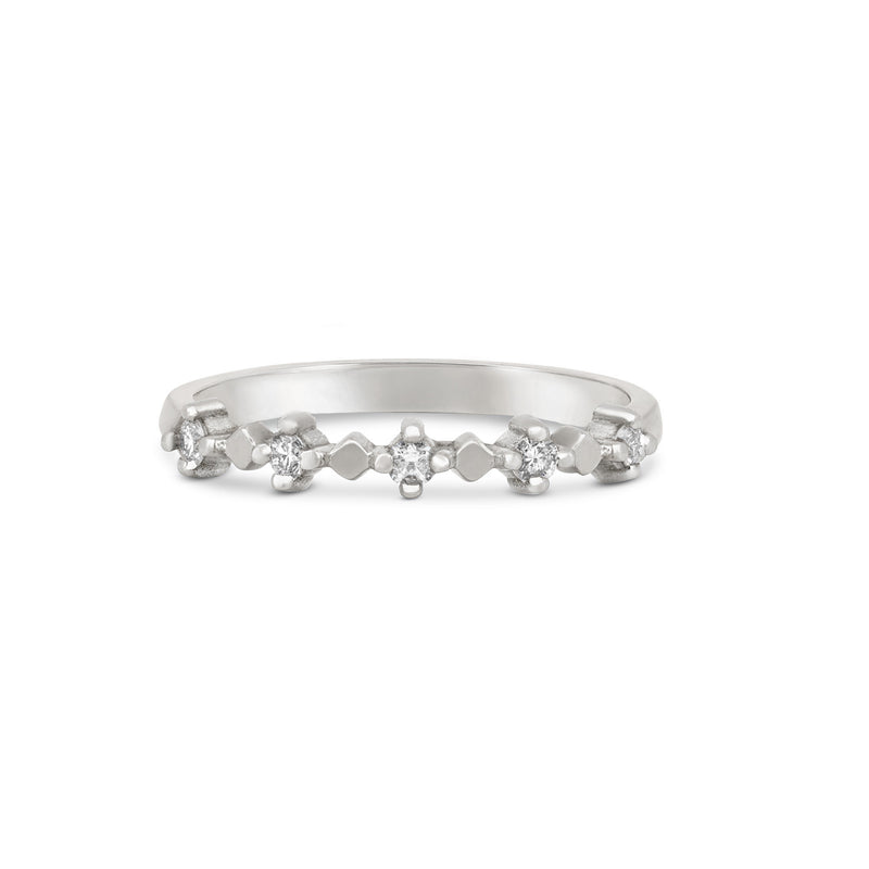 Front view of the Stars in the Sky Five Diamond Eternity Ring in 14k white gold, with a polished band and five scattered diamonds.