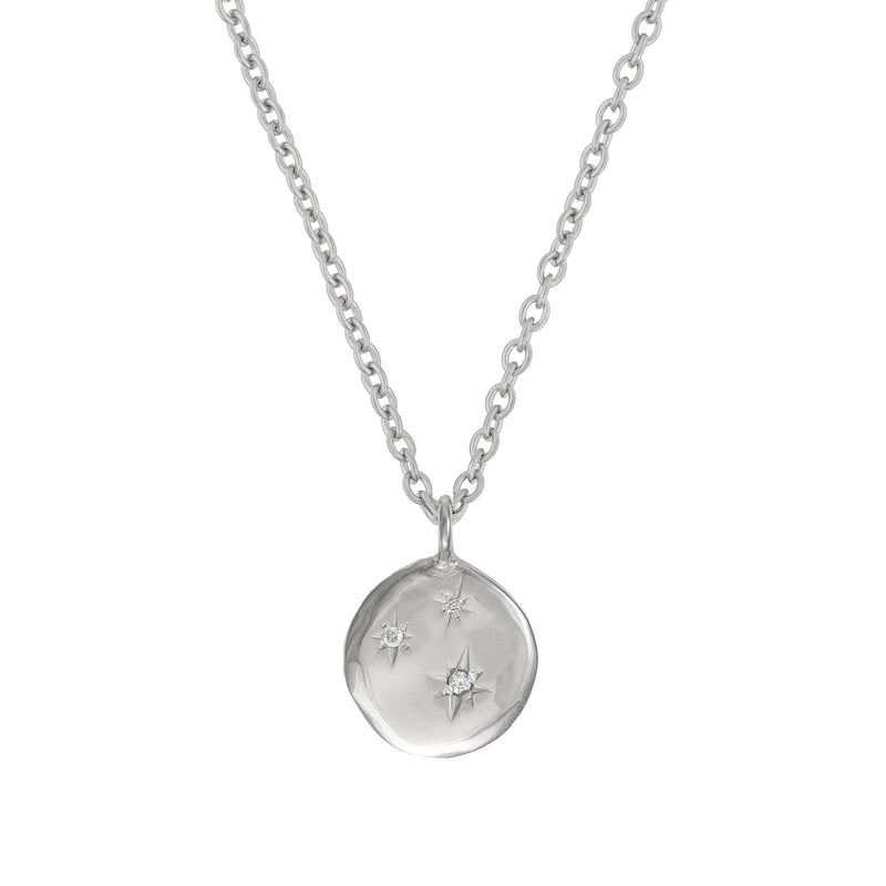 Front view of the Stars in the Sky Three Diamond Necklace in 14k white gold, featuring three scattered diamonds on a round pendant.