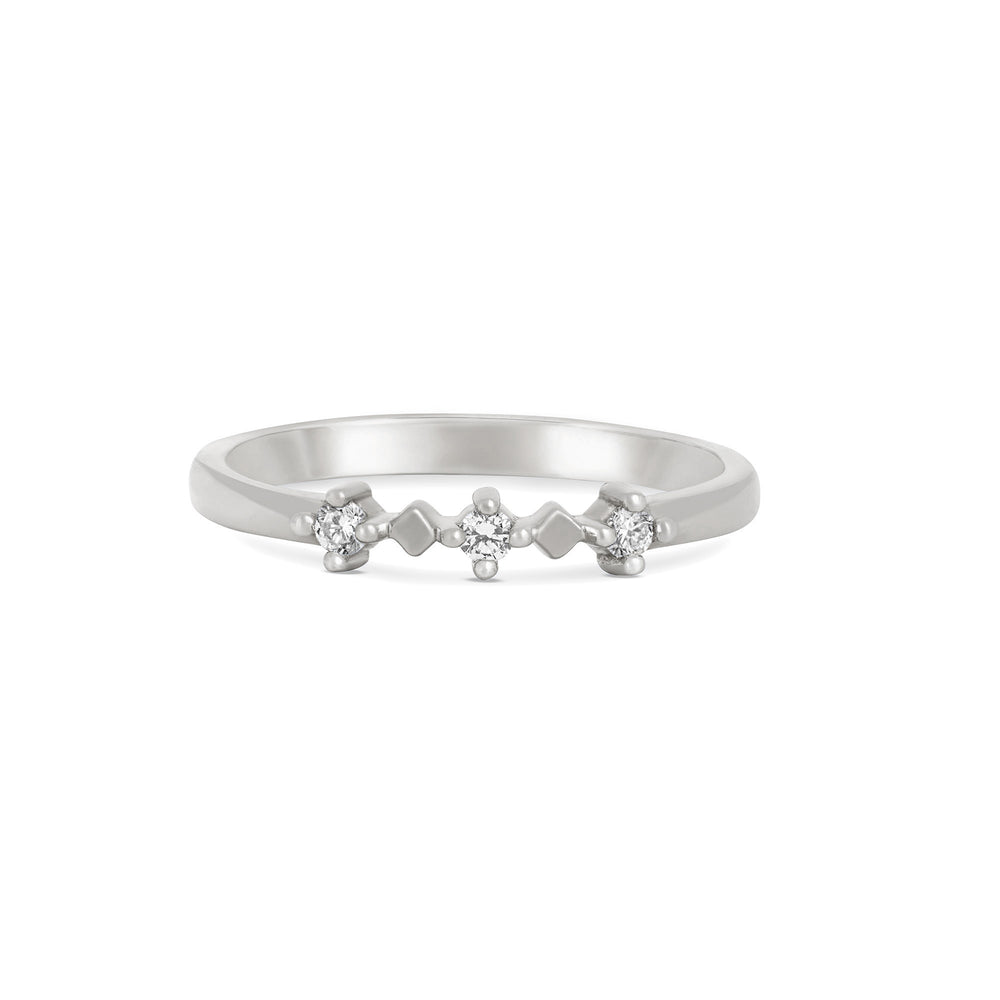 Front view of the Stars in the Sky Three Diamond Ring in 14k white gold, featuring three scattered diamonds on a polished band.