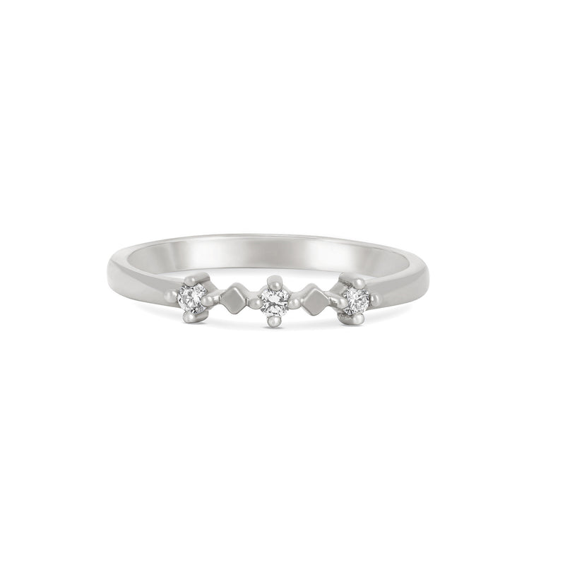 Front view of the Stars in the Sky Three Diamond Ring in 14k white gold, featuring three scattered diamonds on a polished band.