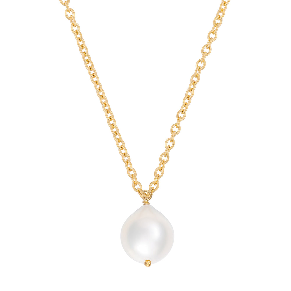 Front view of the Teardrop Pearl Necklace in 14k gold, featuring a freshwater pearl suspended from a gold teardrop motif.