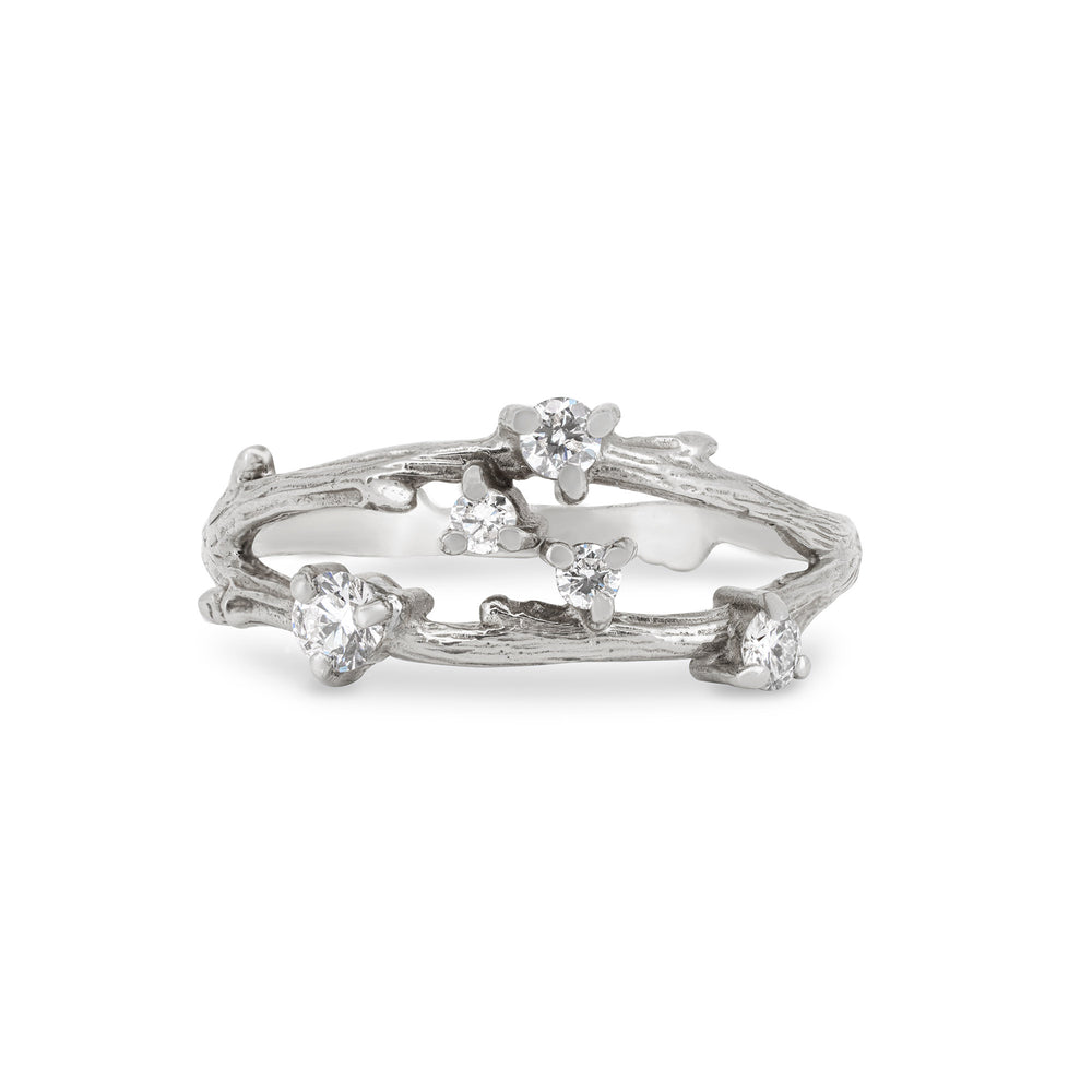 Front view of the Whispered Dreams Diamond Double Cluster Ring in 14k white gold, featuring two diamond clusters on a twig band.