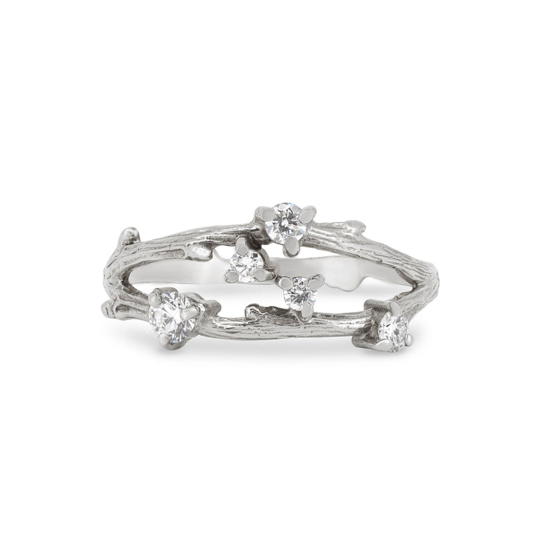 Front view of the Whispered Dreams Diamond Double Cluster Ring in 14k white gold, featuring two diamond clusters on a twig band.