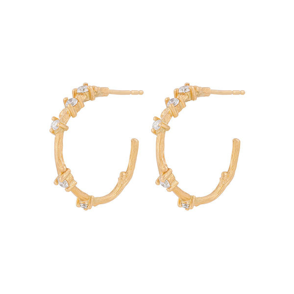 Front view of the Whispered Dreams Diamond Hoop Earrings in 14k gold, featuring a twig-textured gold hoop.