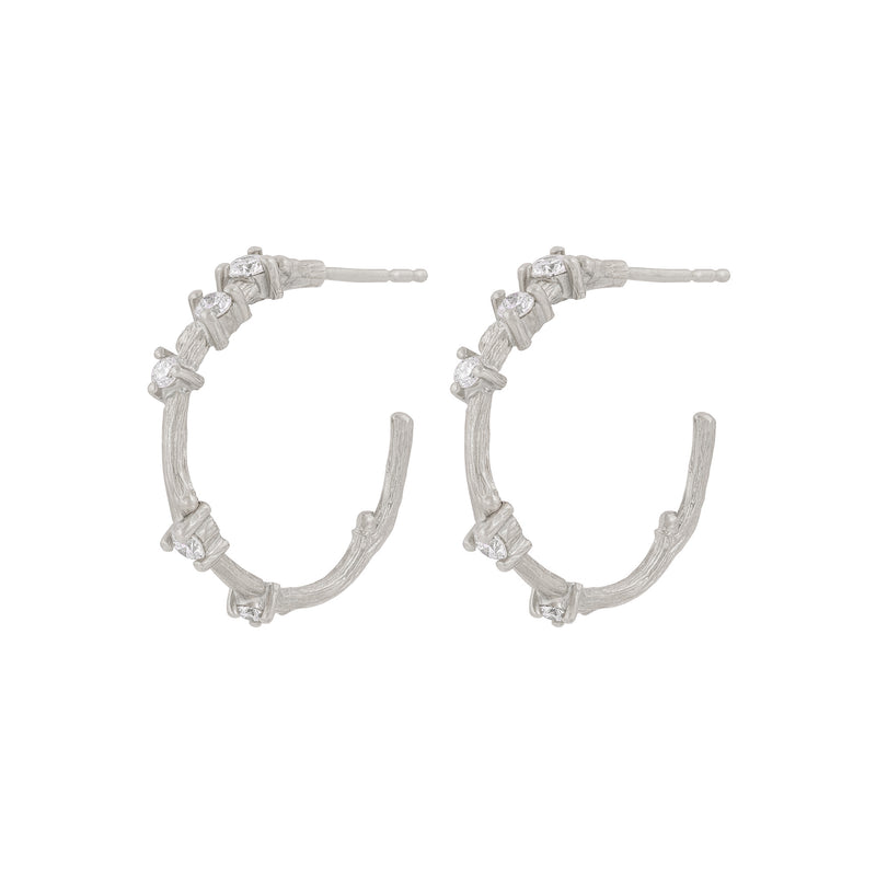 Front view of the Whispered Dreams Diamond Hoop Earrings in 14k white gold, featuring a twig-textured gold hoop.