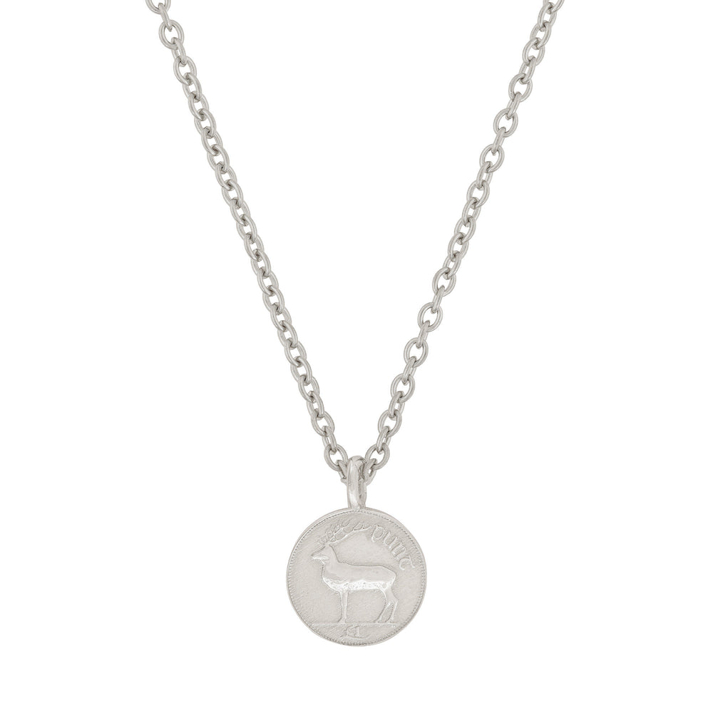 Front view of the Worth Your Weight In Gold 1995 Stag Coin Necklace in 14k white gold, featuring a polished coin pendant with a detailed stag motif.