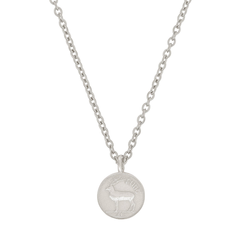 Front view of the Worth Your Weight In Gold 1995 Stag Coin Necklace in 14k white gold, featuring a polished coin pendant with a detailed stag motif.