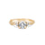 Front view of the You, Me & Magic Round Cut Three Stone Engagement Ring in 14k solid gold, featuring a 0.7ct central round cut diamond flanked by two smaller stones on a twig band.