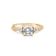 Front view of the You, Me & Magic Round Cut Three Stone Engagement Ring in 14k solid gold, featuring a 1ct central round cut diamond flanked by two smaller stones on a twig band.