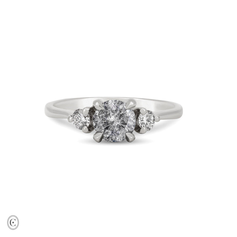 Front view of the You, Me & Magic Grey Diamond Engagement Ring in 14k white gold, featuring a polished band and a large central grey diamond flanked by two smaller diamonds.