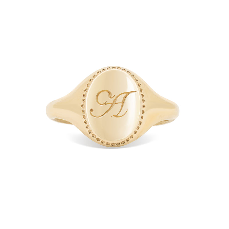 Always Remember Engraved Signet Ring | Chupi in 14k solid gold with hand-engraved 'A' initials and polished finish, ideal for personalised fine jewellery.