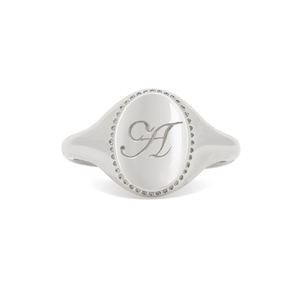 Front view of the Always Remember Hand Engraved Family Signet Ring in 14k white gold, featuring a hand-engraved letter 'A'.