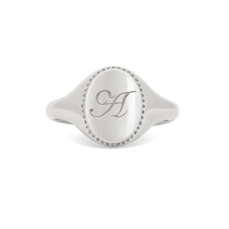 Front view of the Always Remember Hand Engraved Family Signet Ring in 14k white gold, featuring a hand-engraved letter 'A'.