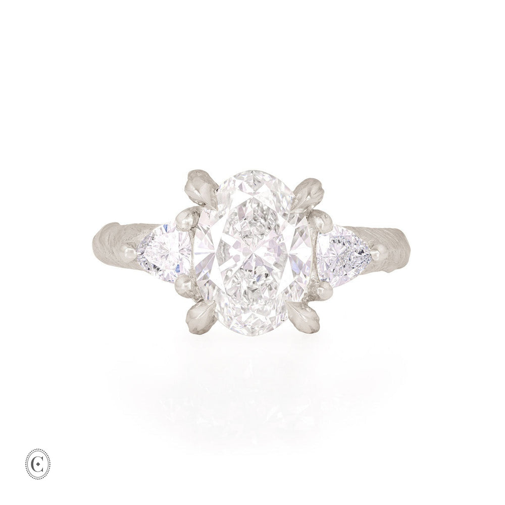Front view of the One in a Trillion 2.4ct Lab-Grown Oval Diamond Engagement Ring in 14k white gold, with a twig band.