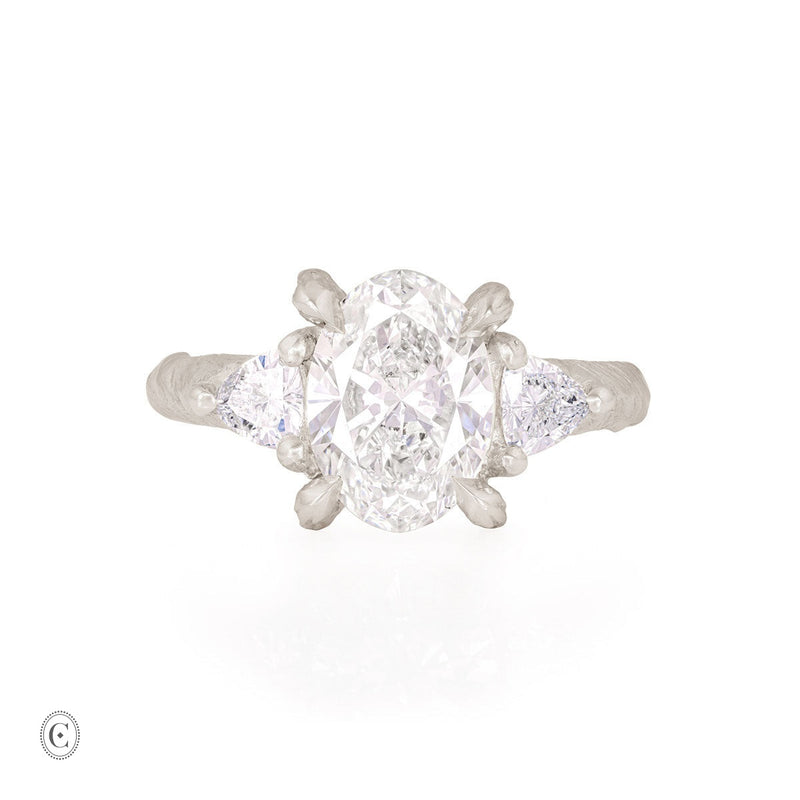 Front view of the One in a Trillion 2.4ct Lab-Grown Oval Diamond Engagement Ring in 14k white gold, with a twig band.