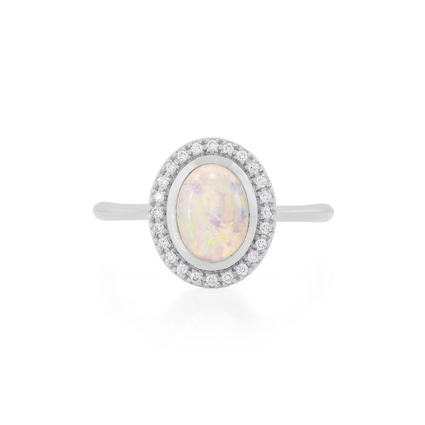Luna - 14k Polished White Gold Oval Halo Opal and Diamond Ring