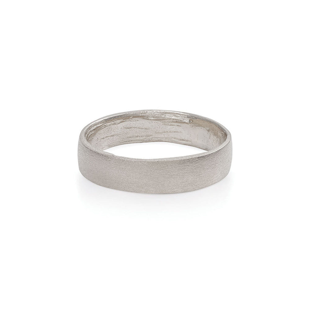 Front view of the Hawthorn Bark Wide Wedding Band in 14k polished white gold, featuring a wide, deeply textured bark finish.