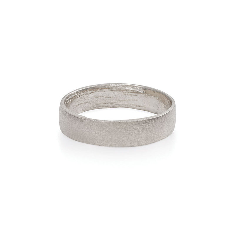 Front view of the Hawthorn Bark Wide Wedding Band in 14k polished white gold, featuring a wide, deeply textured bark finish.