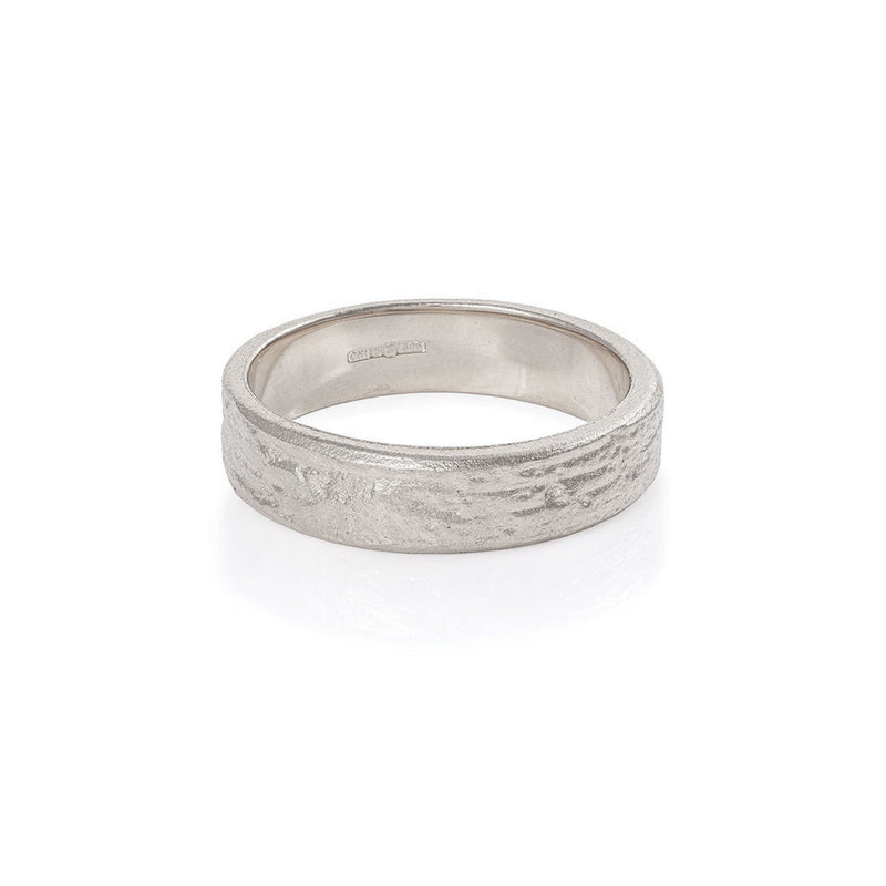 Front view of the Driftwood Men's Wide Wedding Band in 14k white gold, featuring a bold, textured driftwood finish.